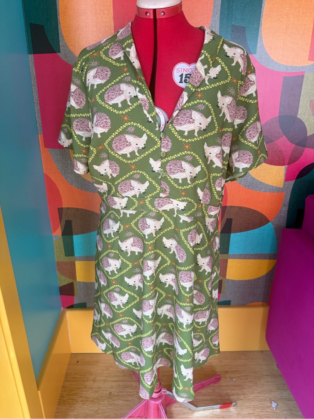 Modcloth Olive Green Hedgehog Print Casual A-Line Dress